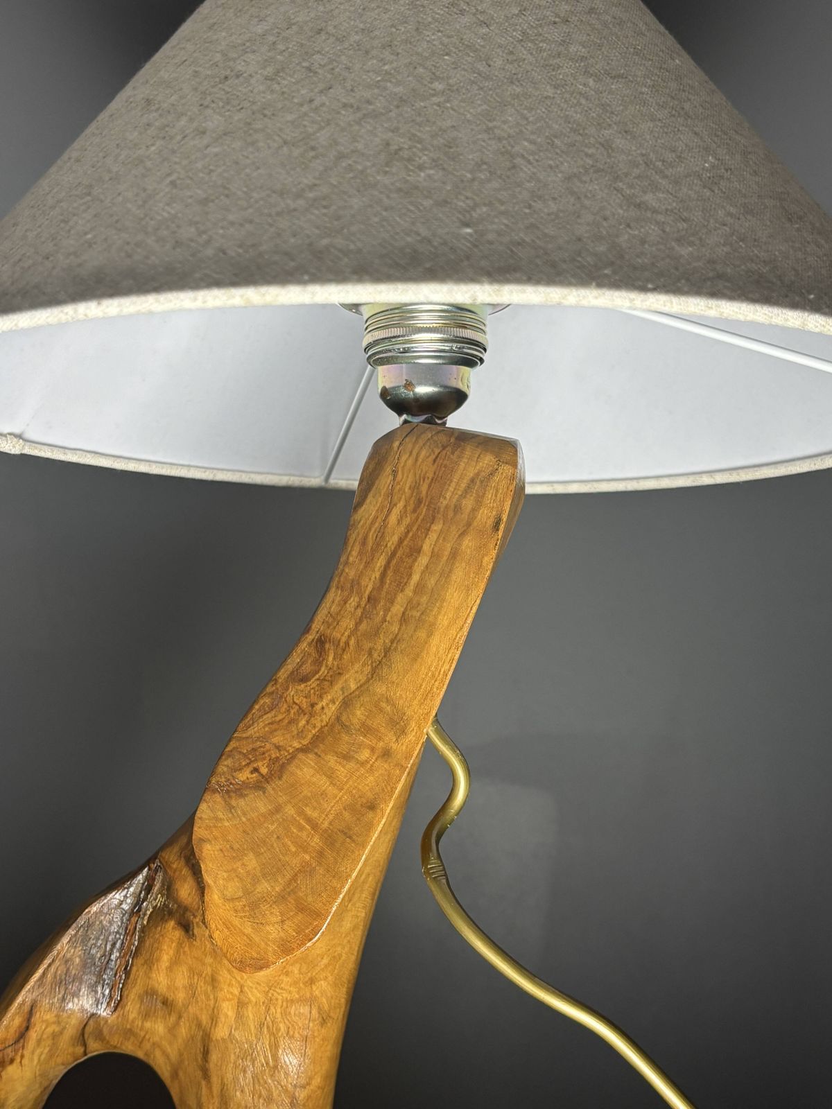 French Midcentury Brutalist Olive Wood Table Lamp, 1950s photo vinterior