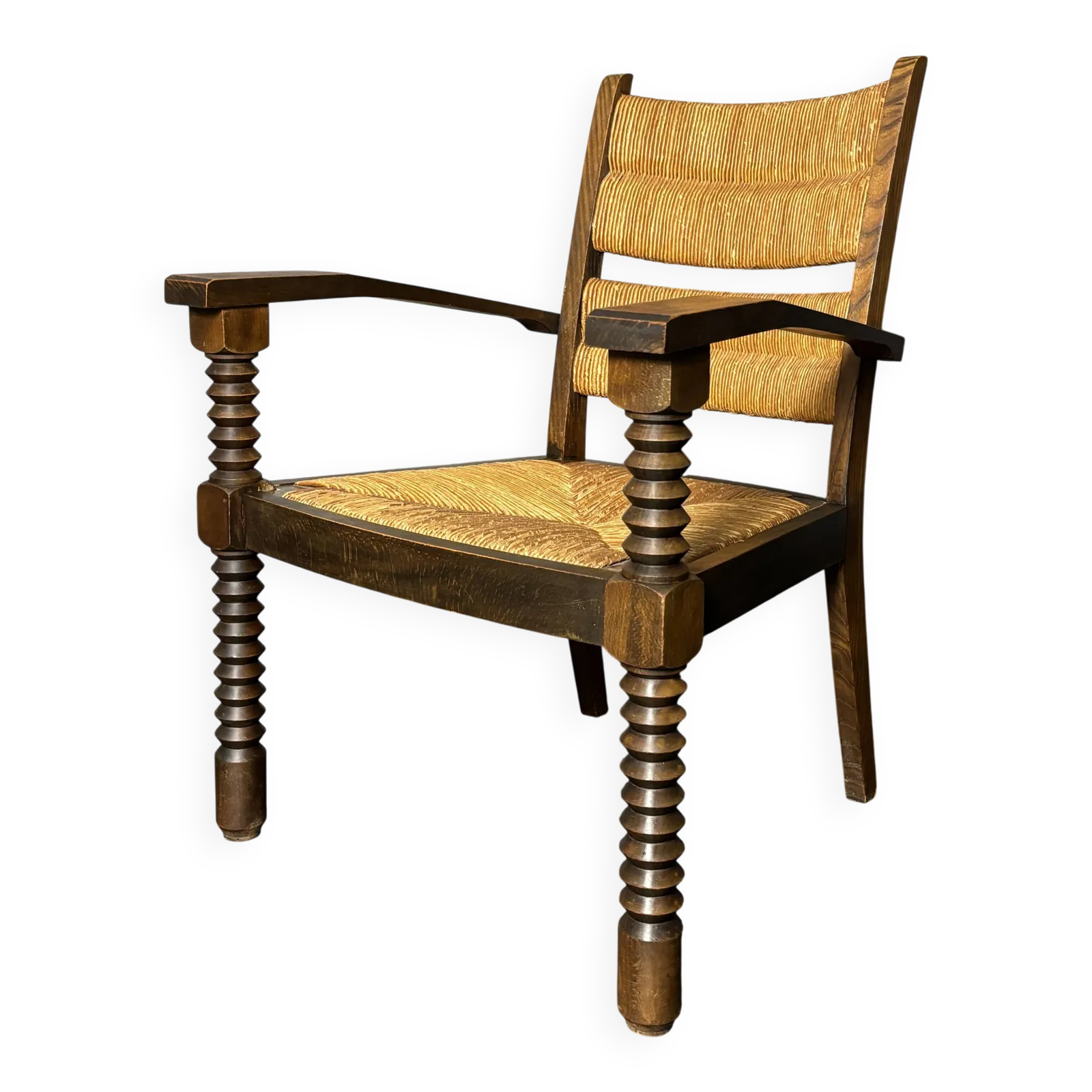 Fauteuil à pieds tournés en jonc, dans le style de Charles Dudouyt, France, années 1950