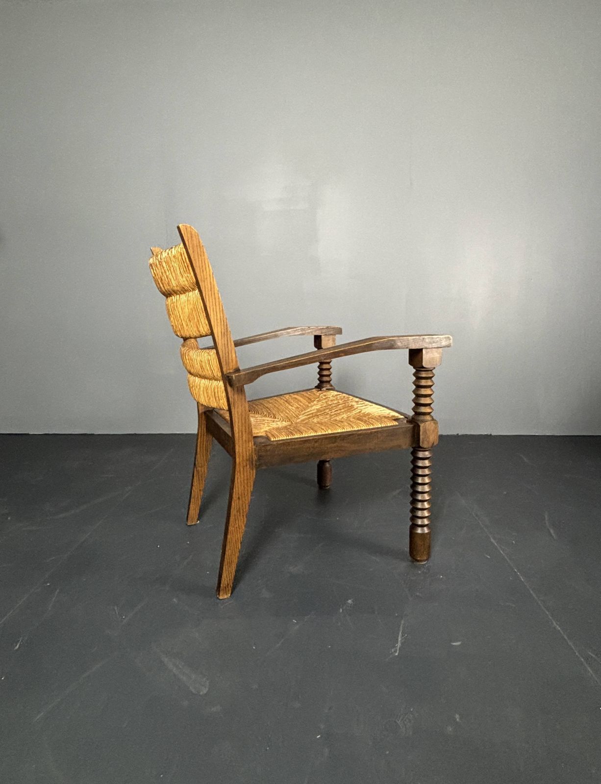 photo for sale Wood Turned Rush Armchair In The Stye Of Charles Dudouyt, France 1950s