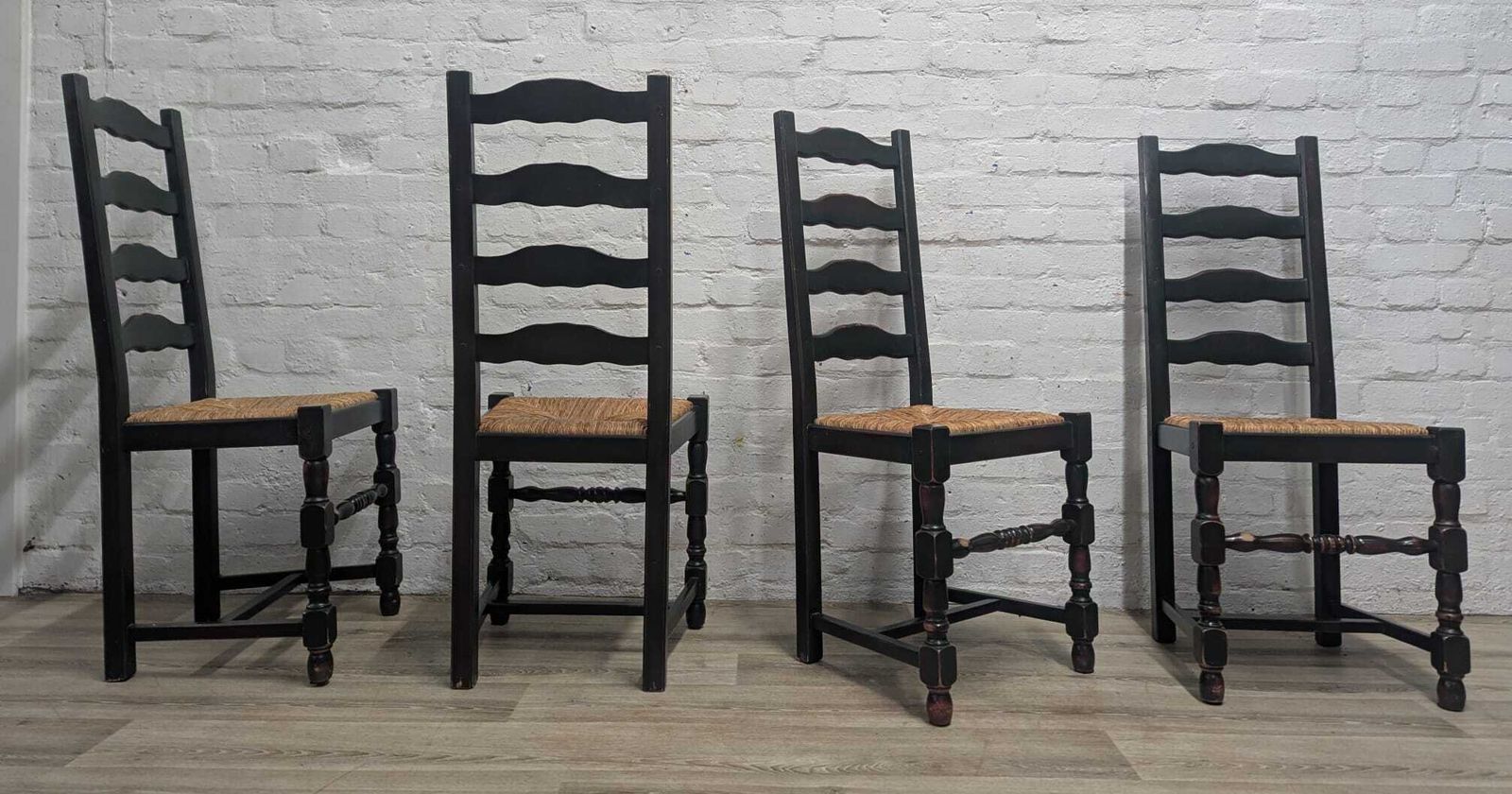 20th Century Oak Ladder Back Rush Seat Dining Chairs Bottle Green/Red