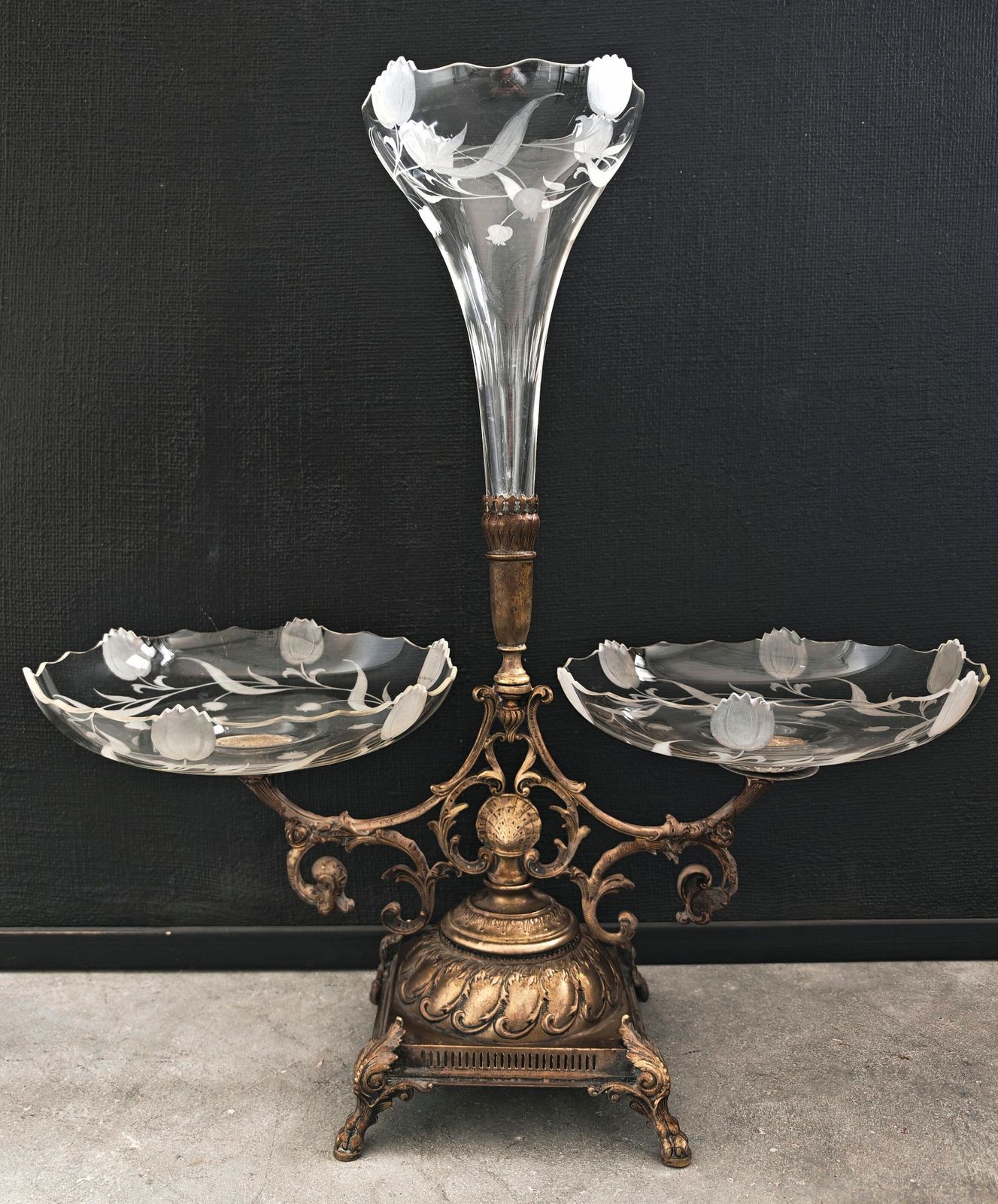 French Art Nouveau Gilt Bronze Epergne With Engraved Crystal Bowls, 1900s photo furniture