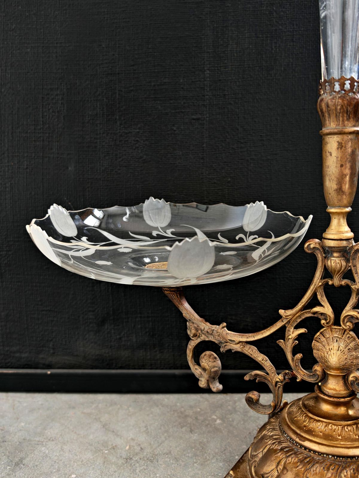 French Art Nouveau Gilt Bronze Epergne With Engraved Crystal Bowls, 1900s photo for sale