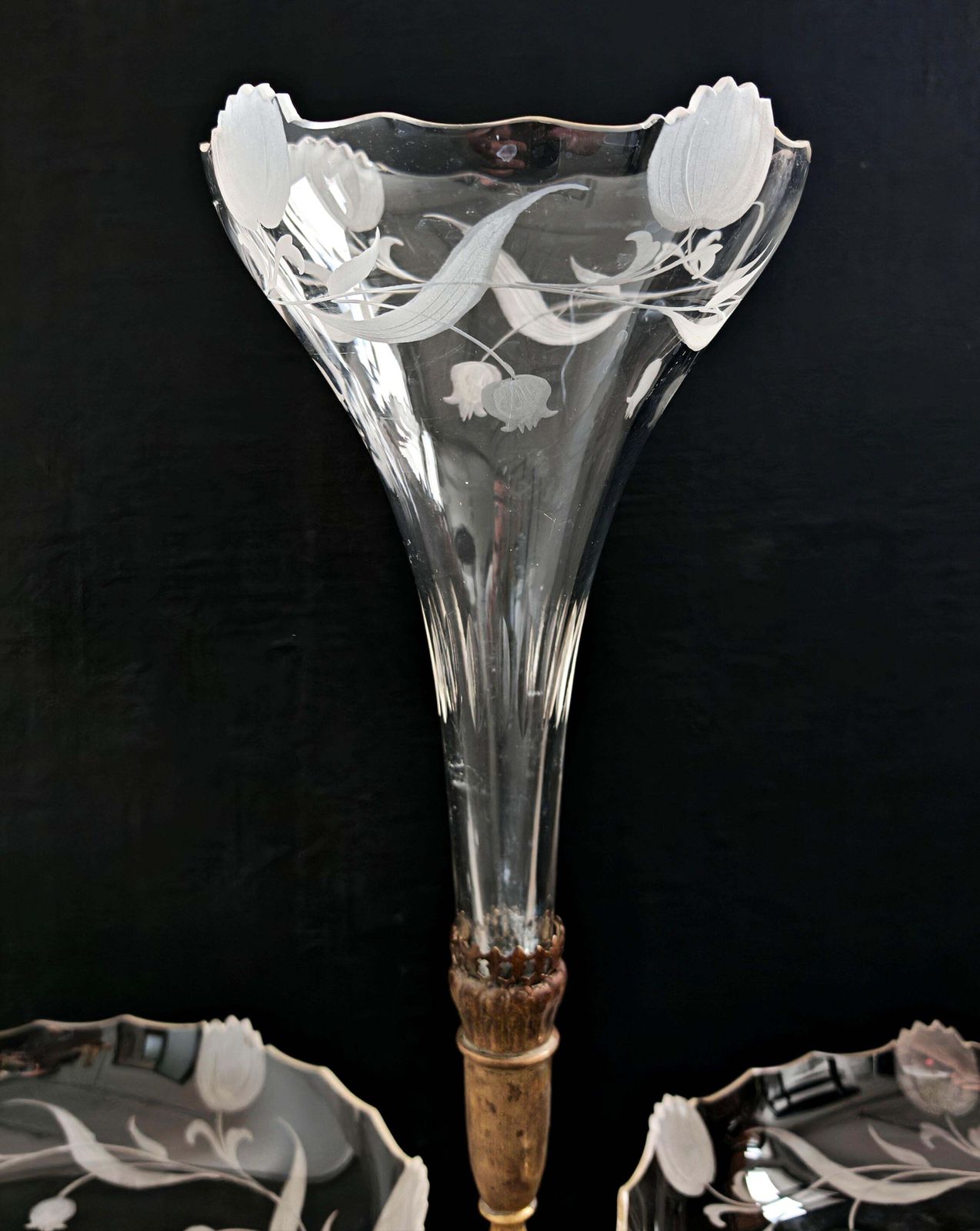 French Art Nouveau Gilt Bronze Epergne With Engraved Crystal Bowls, 1900s photo 3185.0