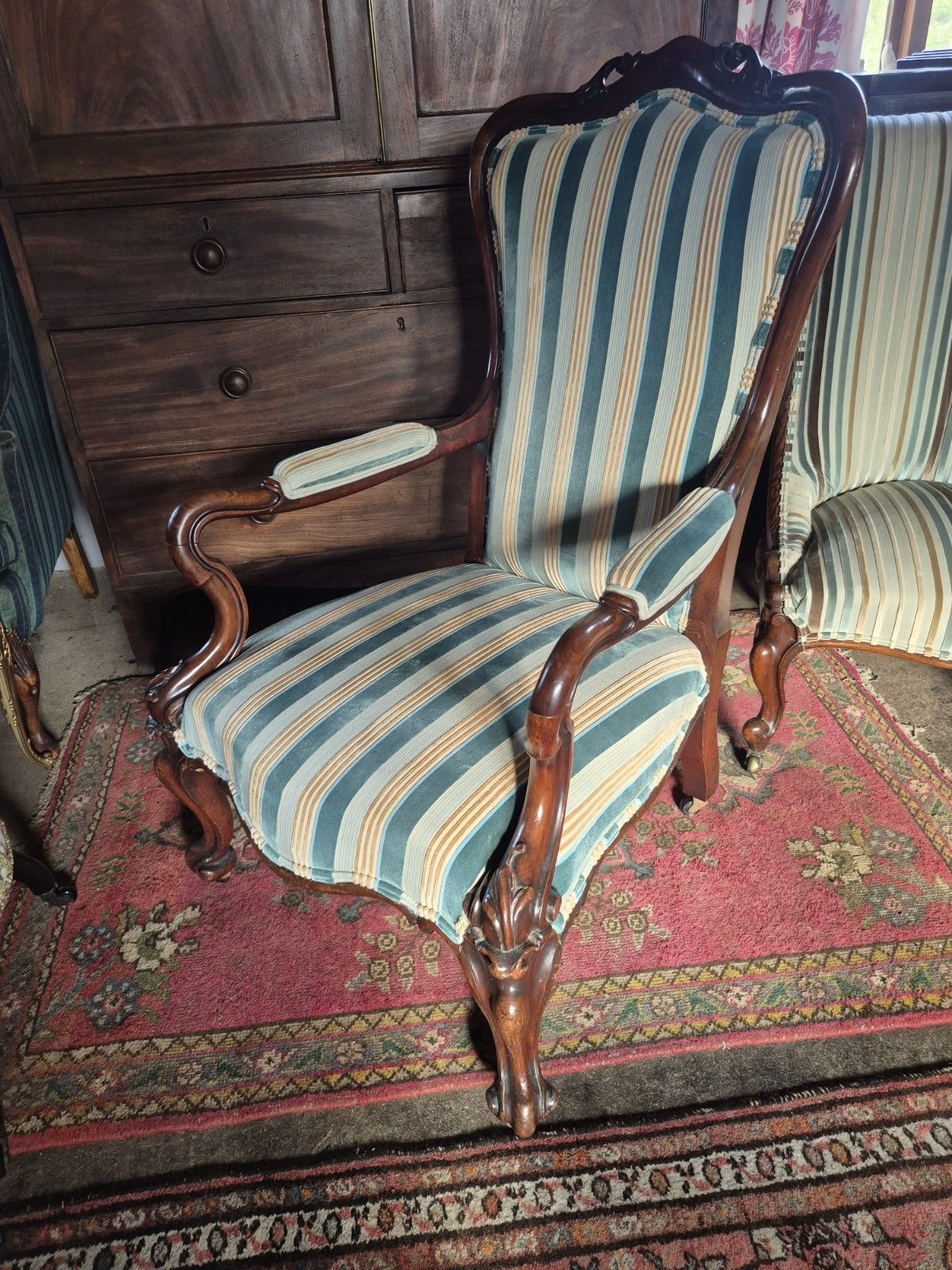 Furniture A Maximalist Curvaceous William IV/Victorian Library Armchair In Stripey Velvet photo