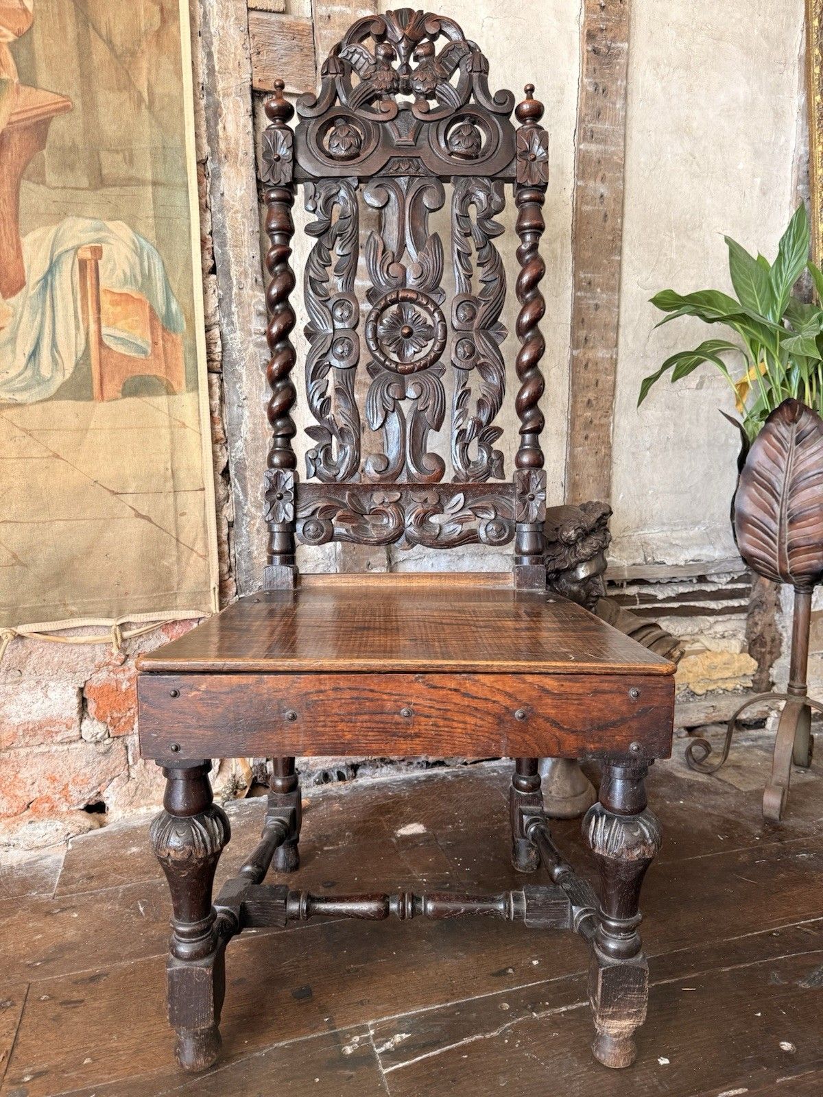 Elborate Antique Carved  Oak Barley Twist Carolean Gothic Hall Chair 19thc photo furniture