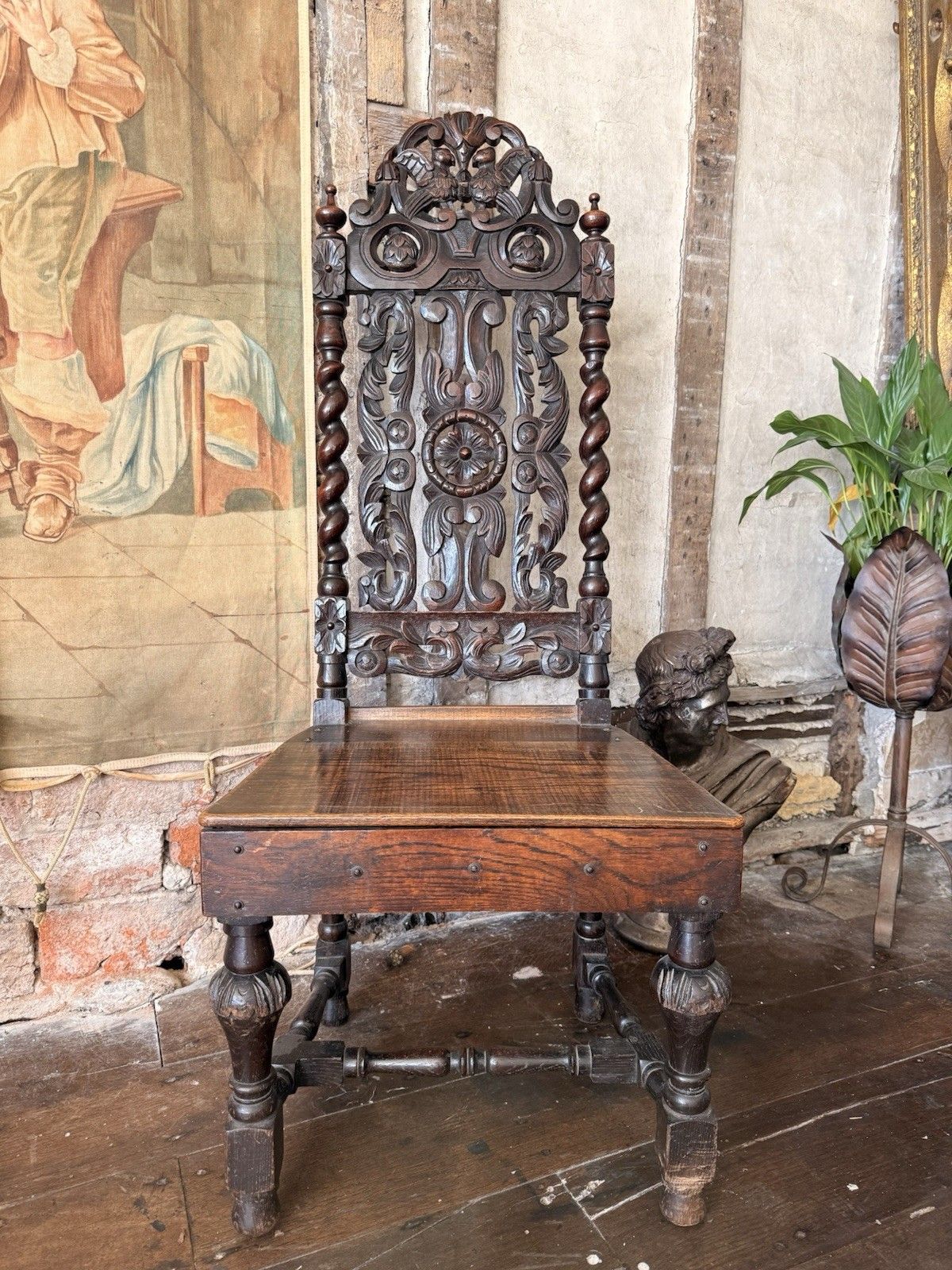 Elborate Antique Carved  Oak Barley Twist Carolean Gothic Hall Chair 19thc photo for sale