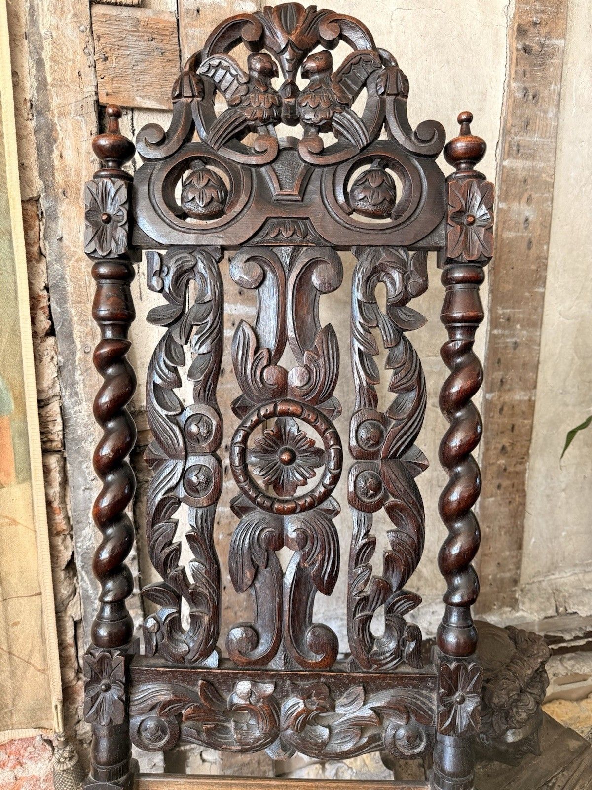 Elborate Antique Carved  Oak Barley Twist Carolean Gothic Hall Chair 19thc photo vintage