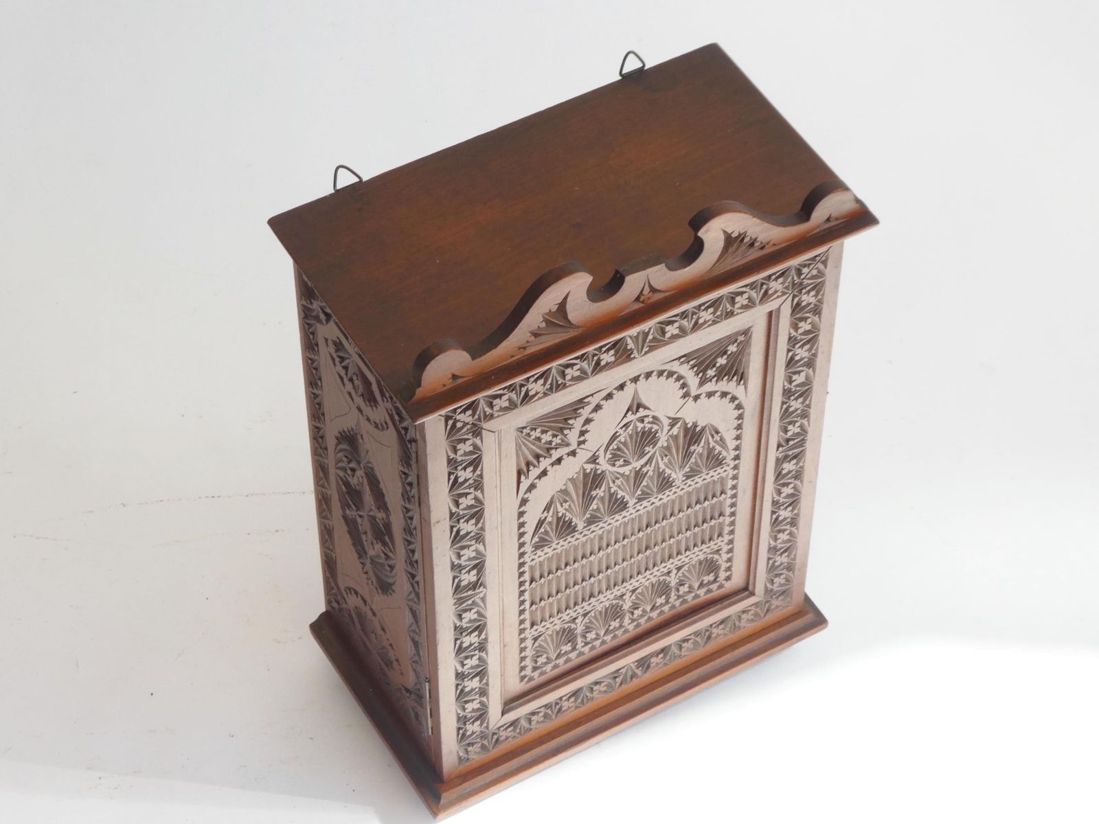 Art Nouveau Dutch Wooden Cabinet, Small Antique Chip Carved Chest, Folk Art Apothecary With Lock photo for sale