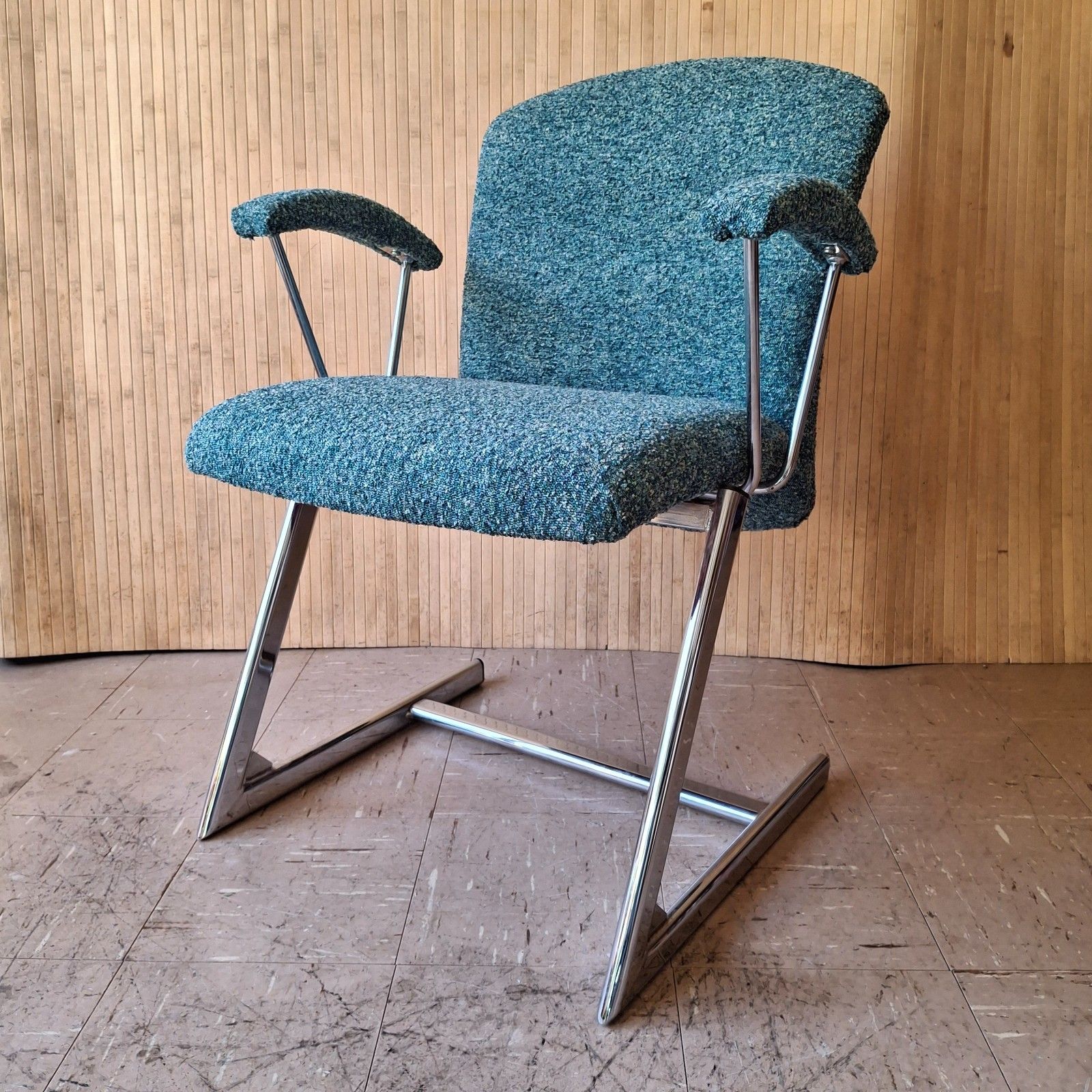 Fab Vintage 1970s Chrome Italian Cantilever Dining Office Chair Teal Mix Boucle