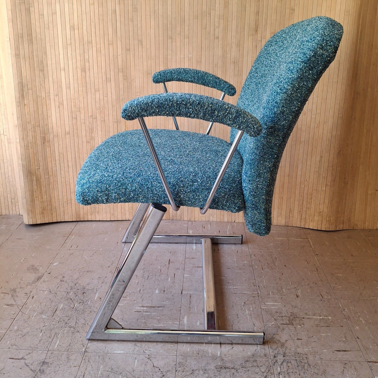 Furniture Fab Vintage 1970s Chrome Italian Cantilever Dining Office Chair Teal Mix Boucle photo