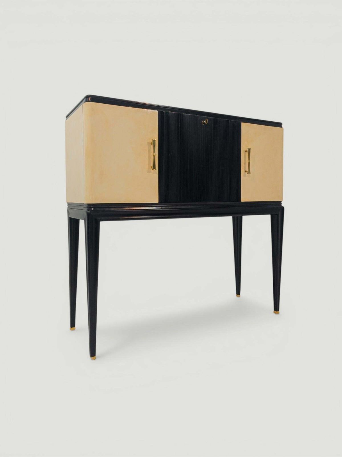 Italian Midcentury Black Lacquered Parchment Cabinet Bar Or Sideboard, 1950s photo for sale