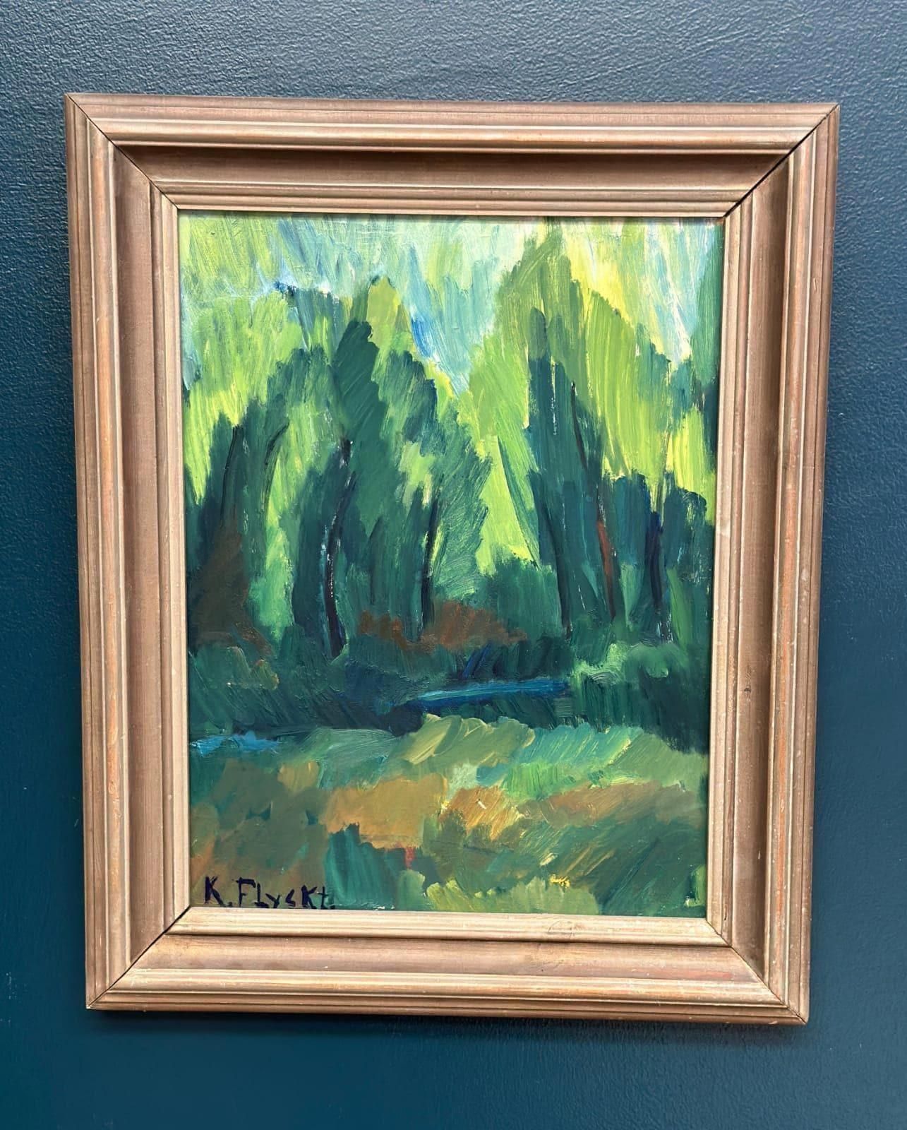 Original Mid Century Swedish Oil On Panel – “The Forest Landscape” By Kersti Flyckt – Vintage & Framed – 56.5 × 46 Cm (22.2" × 18.1