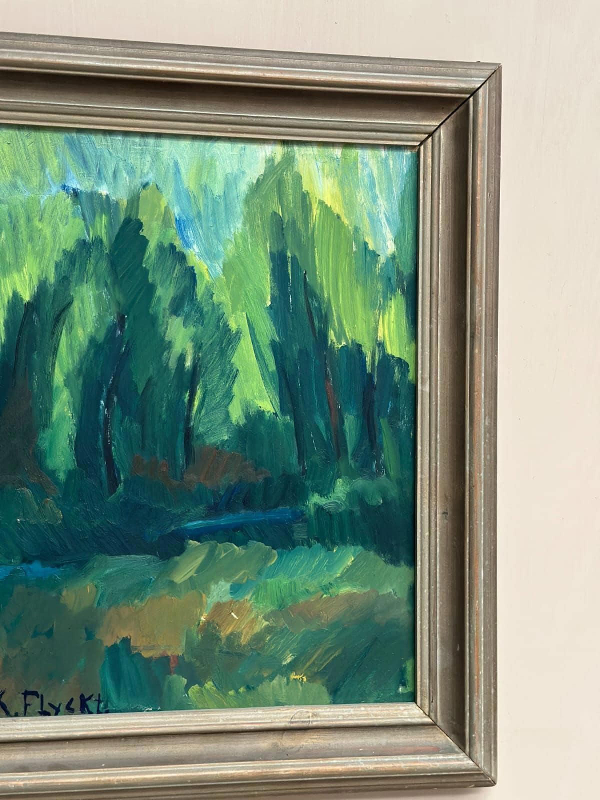photo furniture Original Mid Century Swedish Oil On Panel – “The Forest Landscape” By Kersti Flyckt – Vintage & Framed – 56.5 × 46 Cm (22.2" × 18.1