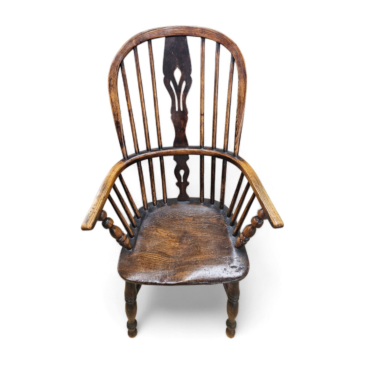 4 X Antique Windsor 2 Low / 2 High Spindle Back Arm Chair In Elm Wood / 19th Century. photo vinterior