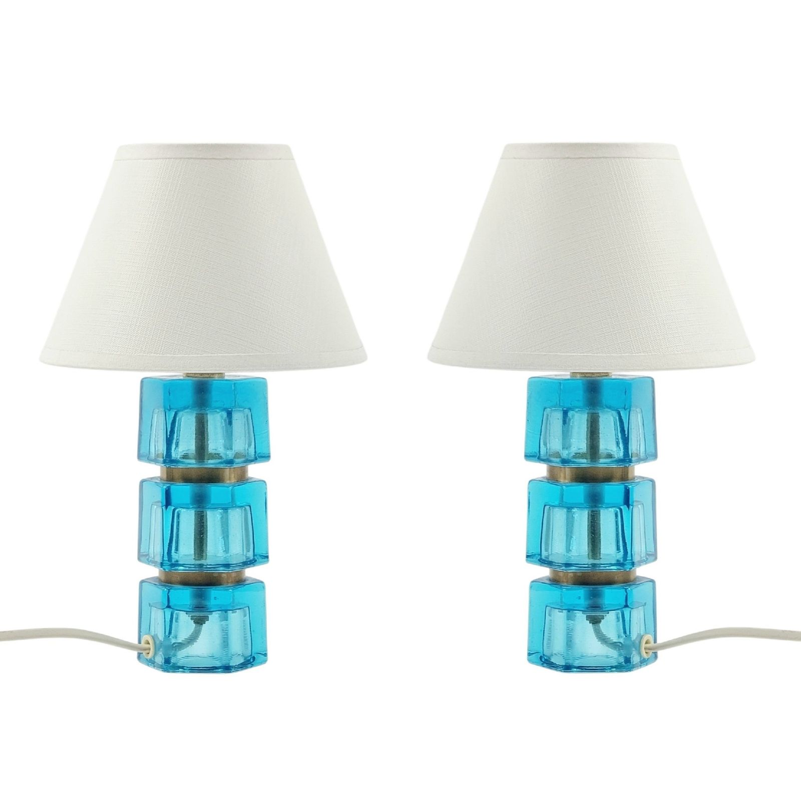Pair Of Mid Century Glass & Brass Bedside/Table Lamps By Carl Fagerlund For Orrefors, Sweden, 1960s