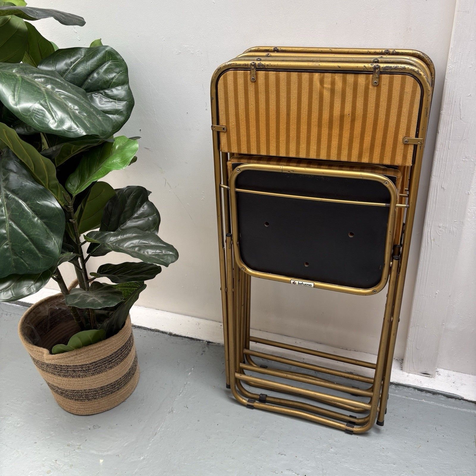 photo for sale 4 Vintage Lafuma Chantazur Folding Picnic Cocktail Chairs Ochre & Mustard 1970s