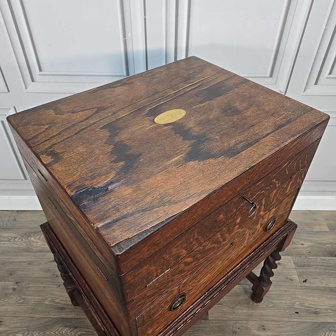 Antique Oak Cutlery Canteen Cabinet Table Barley Twist Wooden Storage Box Trunk photo 270.0