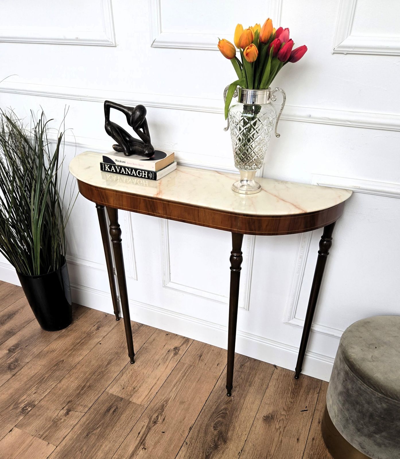 1950s Midcentury Italian Wood Brass Wall Console Table With Marble Top photo 1325.0