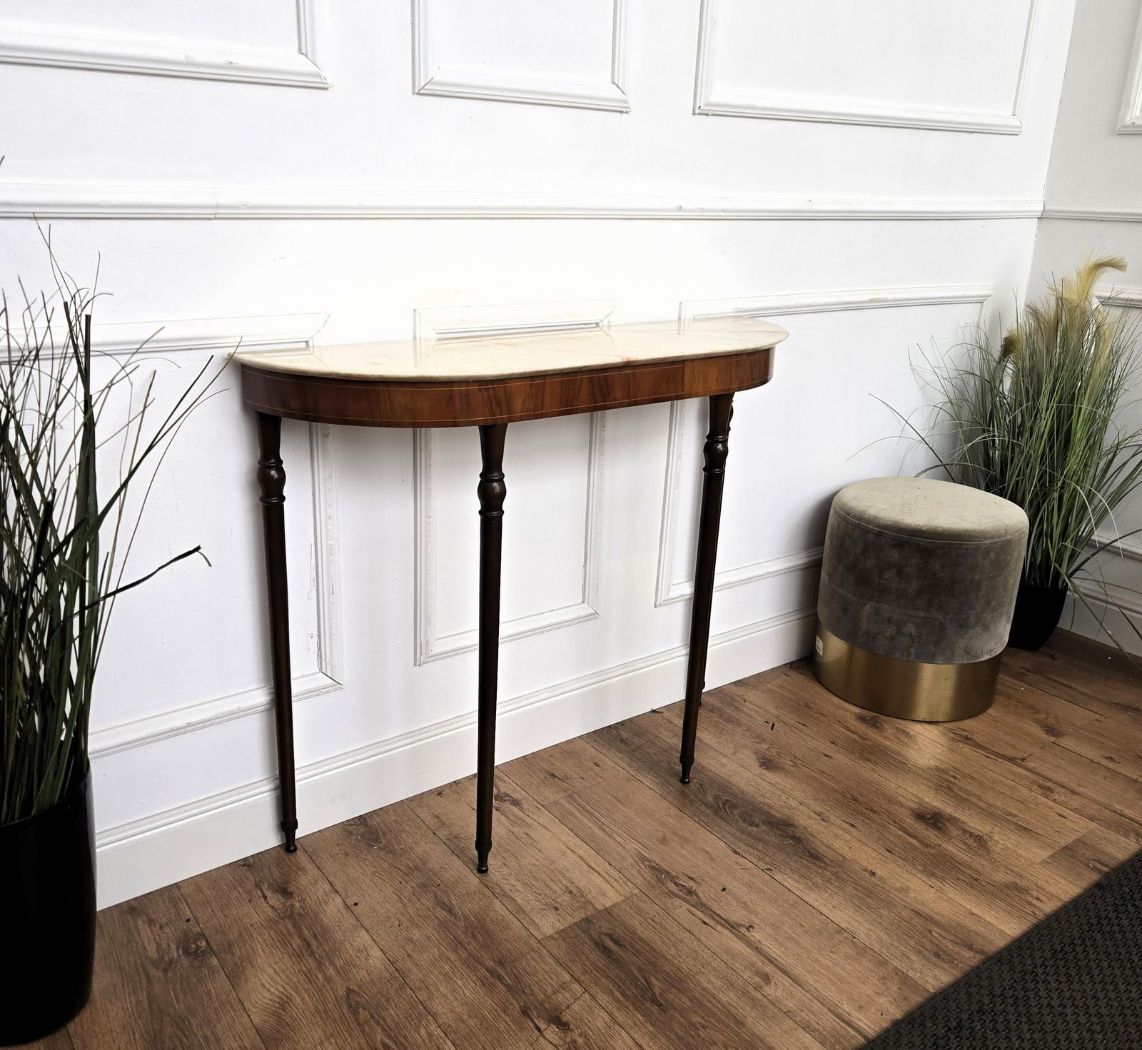 1950s Midcentury Italian Wood Brass Wall Console Table With Marble Top photo vinterior