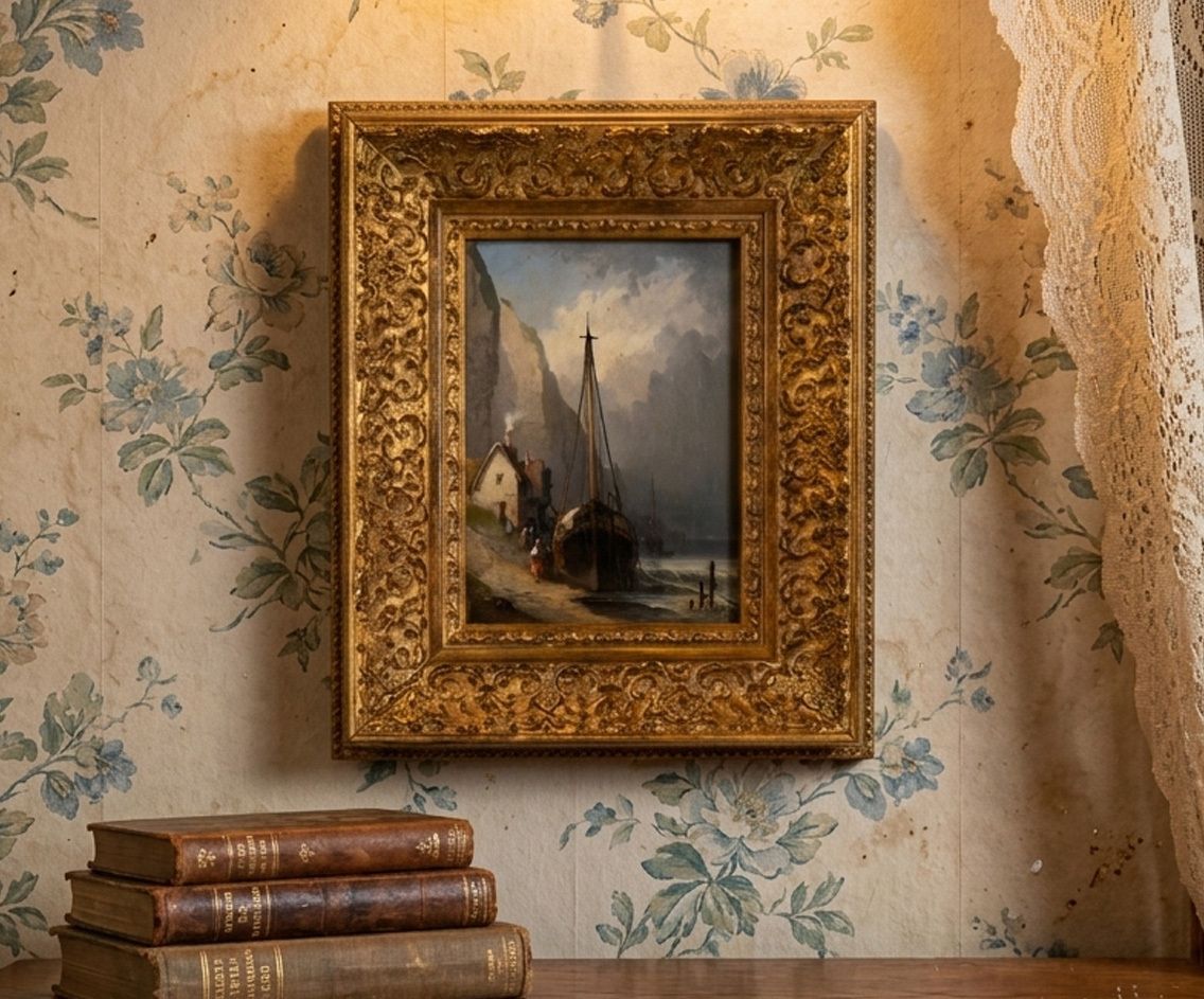 French Marine Oil Painting, Boats On The Shore Coastal Landscape, 19th Century