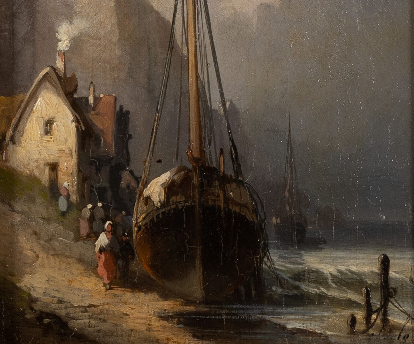 French Marine Oil Painting, Boats On The Shore Coastal Landscape, 19th Century photo buy