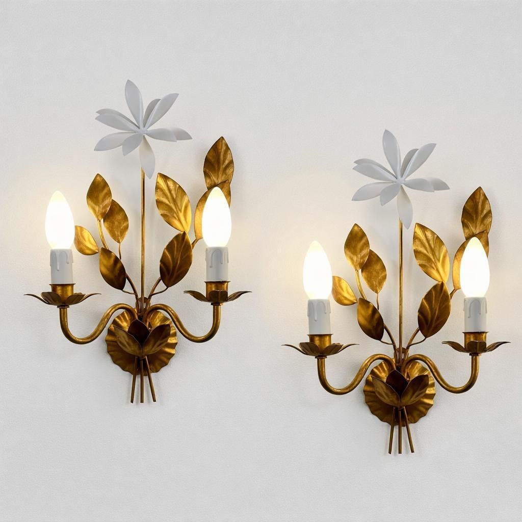 photo for sale Gilt Floral Wall Lights By Maison Bagues, France 1950s