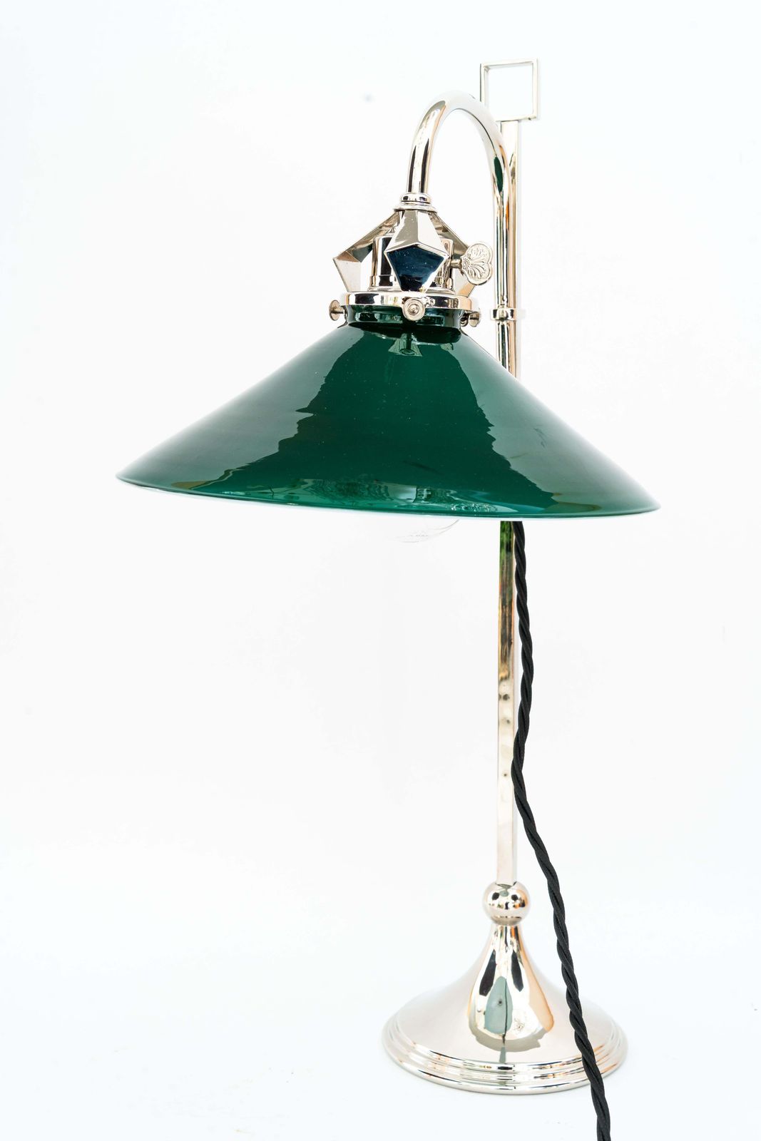 Art Deco Nickel Plated Table Lamp With Original Green Opaline Glass Shade 1920s photo vintage