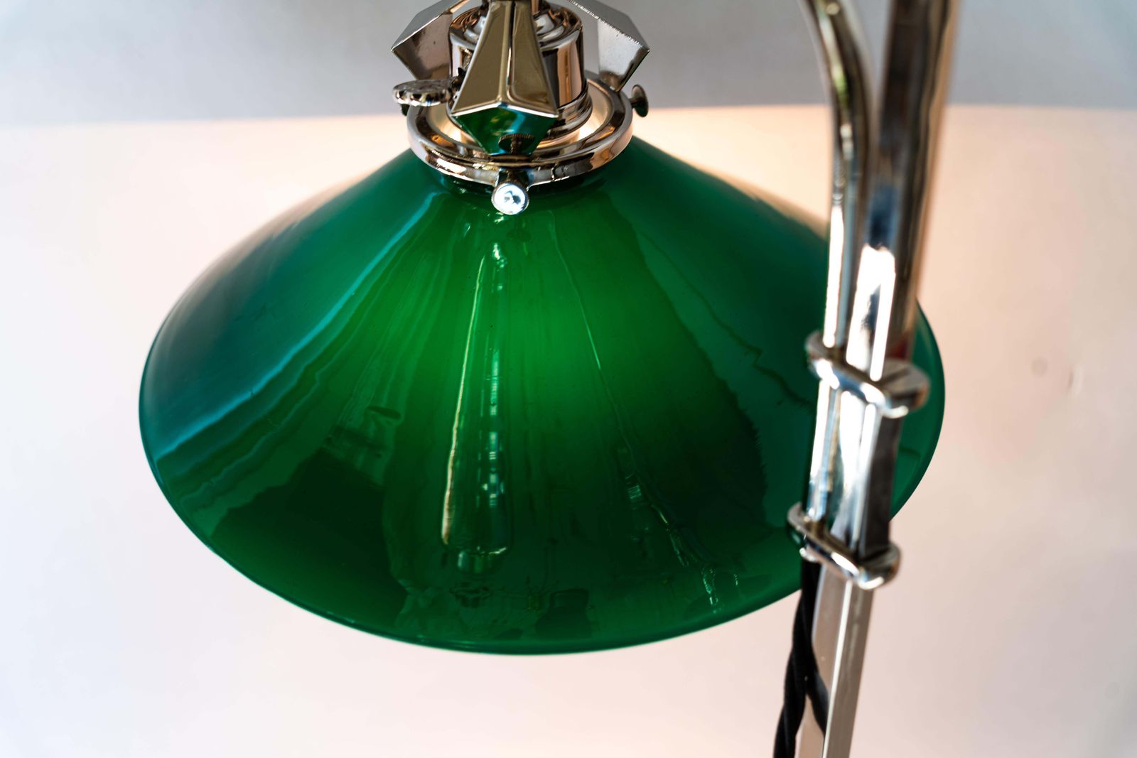 photo for sale Art Deco Nickel Plated Table Lamp With Original Green Opaline Glass Shade 1920s