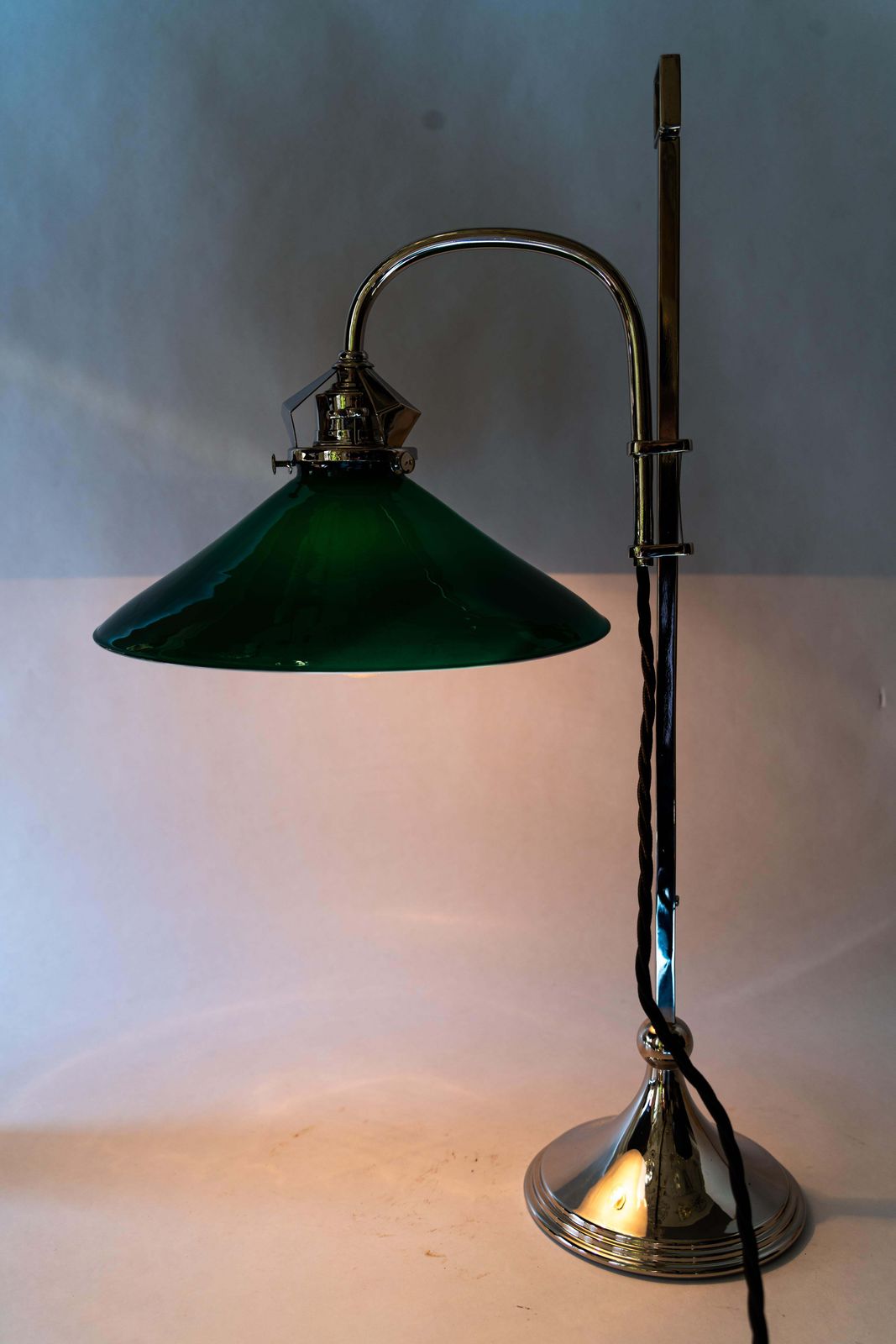 photo vinterior Art Deco Nickel Plated Table Lamp With Original Green Opaline Glass Shade 1920s