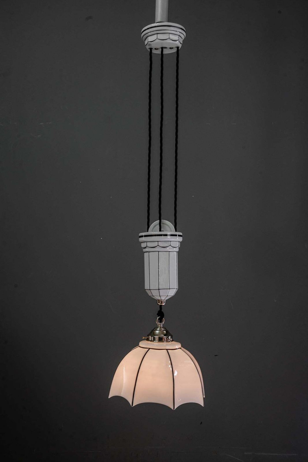 Lighting Adjustable Bauhaus Porcelain Pendant With Opal Glass Shade Vienna Around 1920s photo