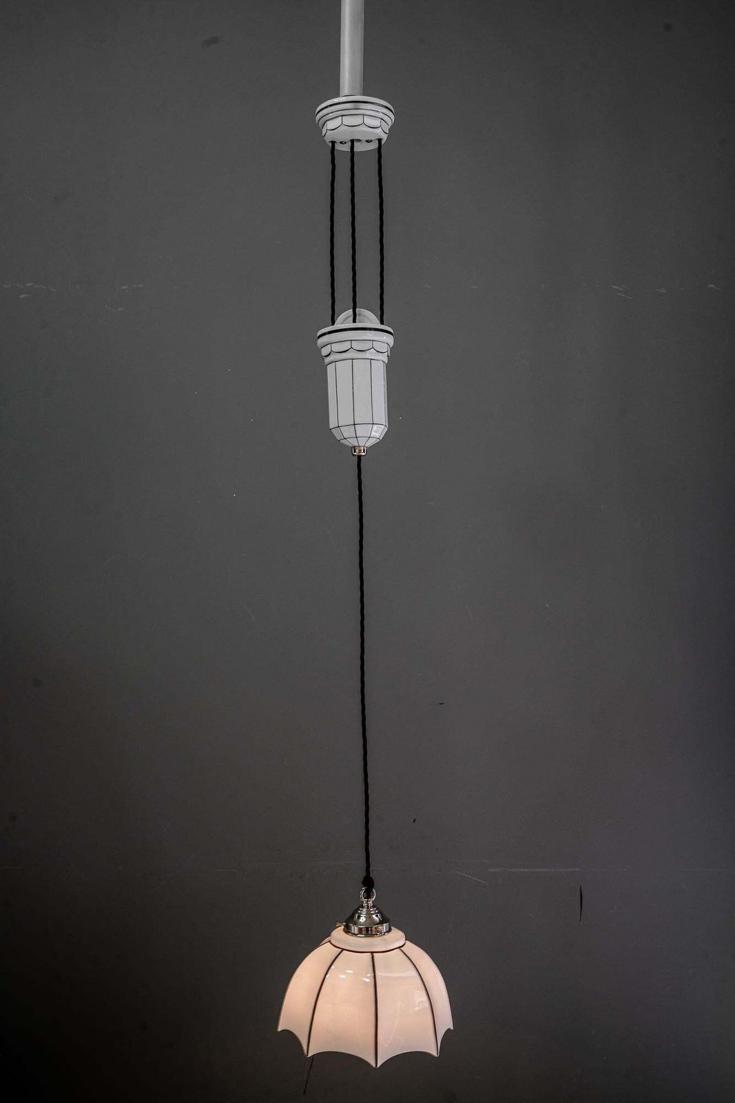 photo vinterior Adjustable Bauhaus Porcelain Pendant With Opal Glass Shade Vienna Around 1920s