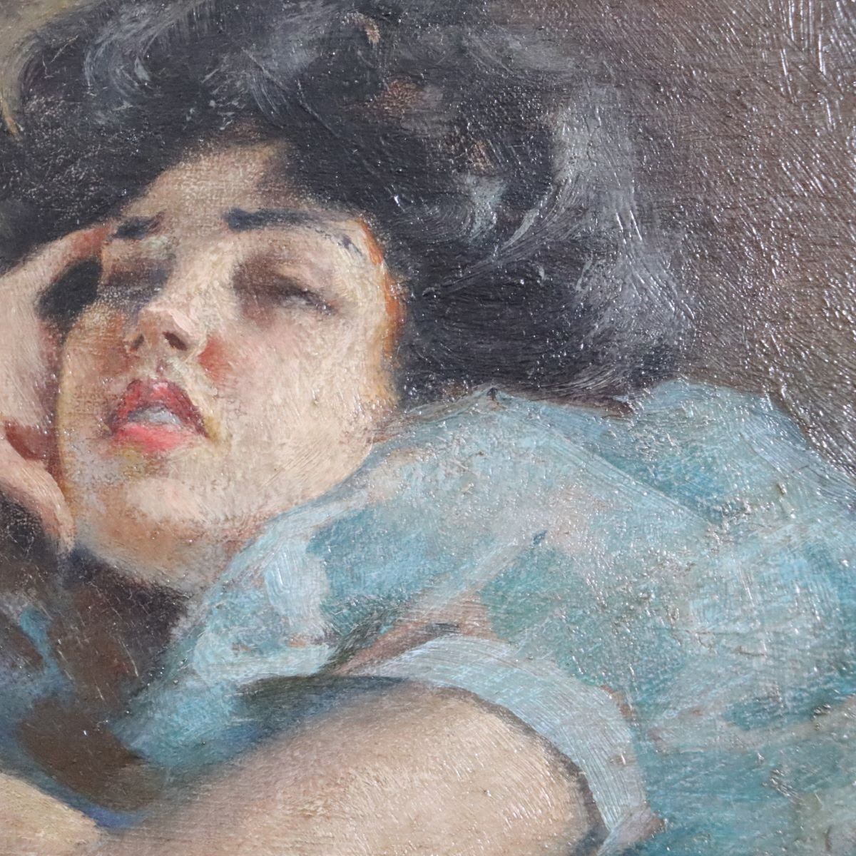A. Villa, Girl Lying Down, Oil Painting On Board, Late 19th Century, Framed photo Art