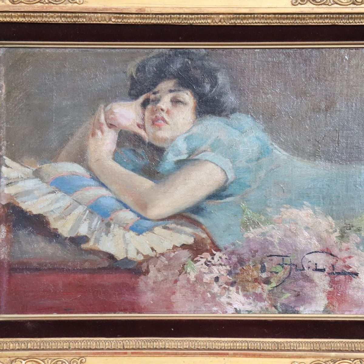 1564.0 A. Villa, Girl Lying Down, Oil Painting On Board, Late 19th Century, Framed photo