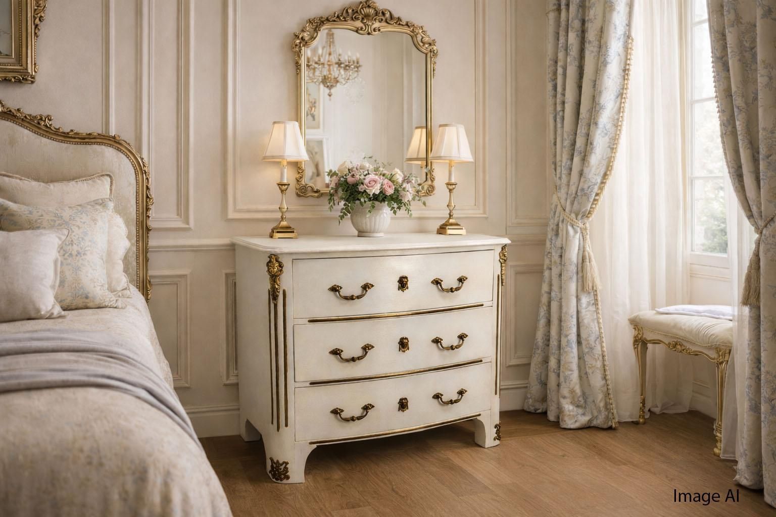 French White Commode Louis XVI Style Chest Of Drawers  Elm & Bronze, 20th Mid C photo 2102.0