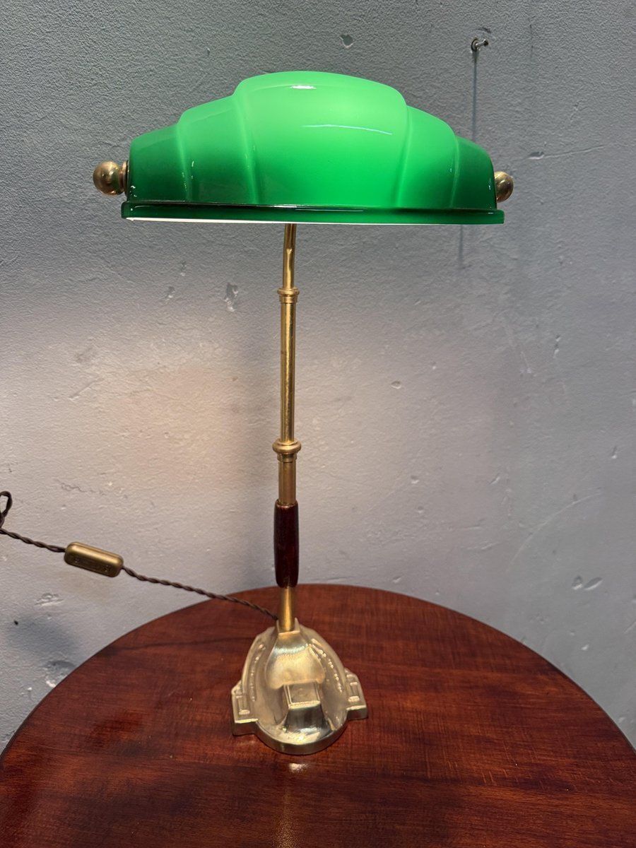 Churchill Ministerial Lamp In Brass And Green Opaline Glass, 1920s photo for sale