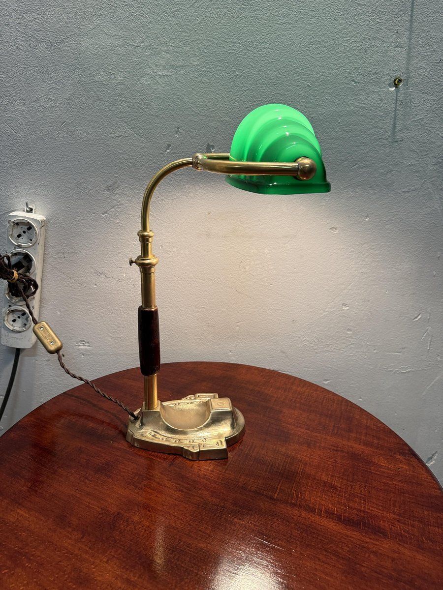 Churchill Ministerial Lamp In Brass And Green Opaline Glass, 1920s photo vinterior