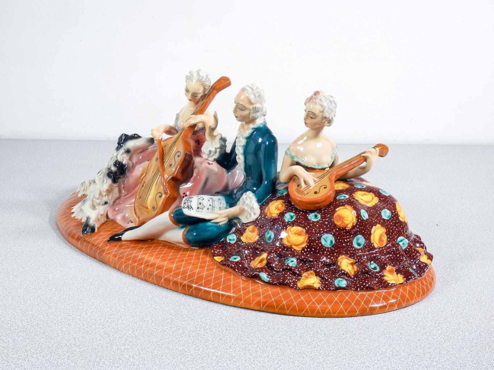 Ceramic Sculpture "Concert With Musicians And Dog," Mica. Italy, 50s photo vintage