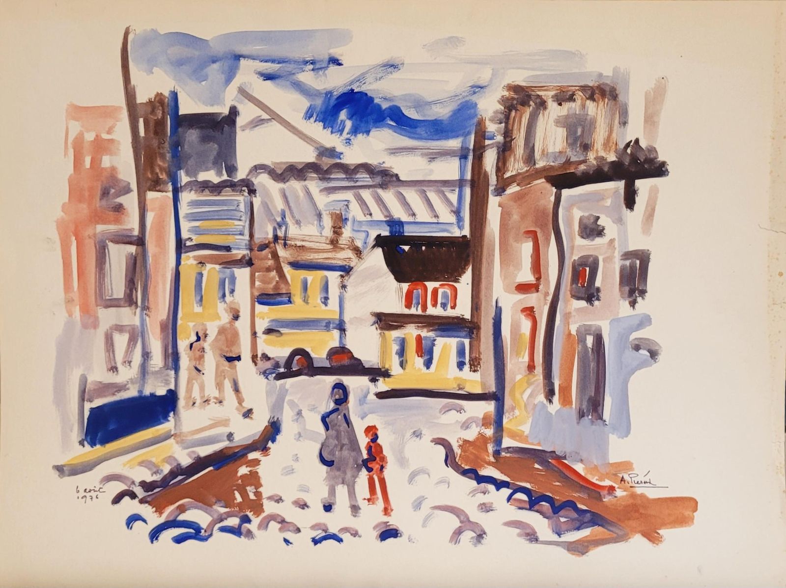 Abstract Expressionist French Urban Scene. Gouache On Paper. 50cm X 65cm From 1976 By André Pierard