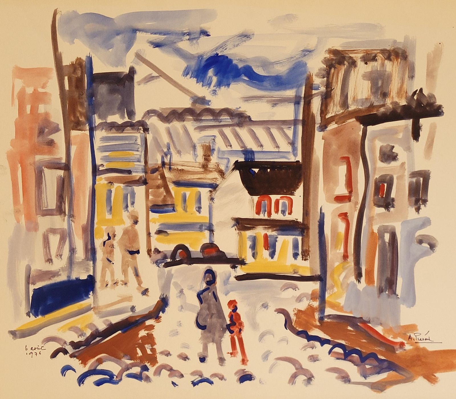 Abstract Expressionist French Urban Scene. Gouache On Paper. 50cm X 65cm From 1976 By André Pierard photo furniture