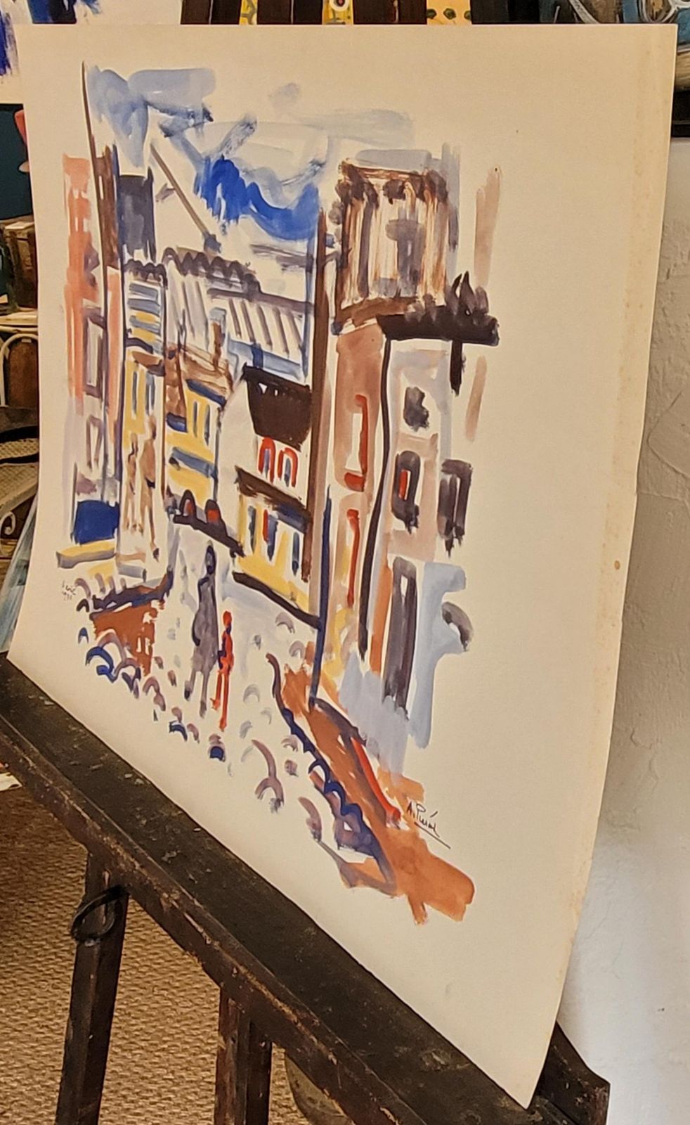 406.0 Abstract Expressionist French Urban Scene. Gouache On Paper. 50cm X 65cm From 1976 By André Pierard photo