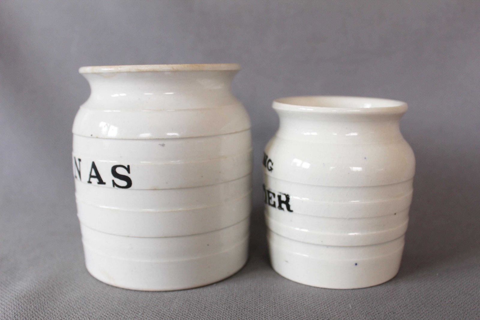 Set Of 2 Antique England Edwardian Banded White Ironstone Ceramic Storage Jars, Baking Powder, Sultanas George Jones And Sons Staffordshire photo vinterior