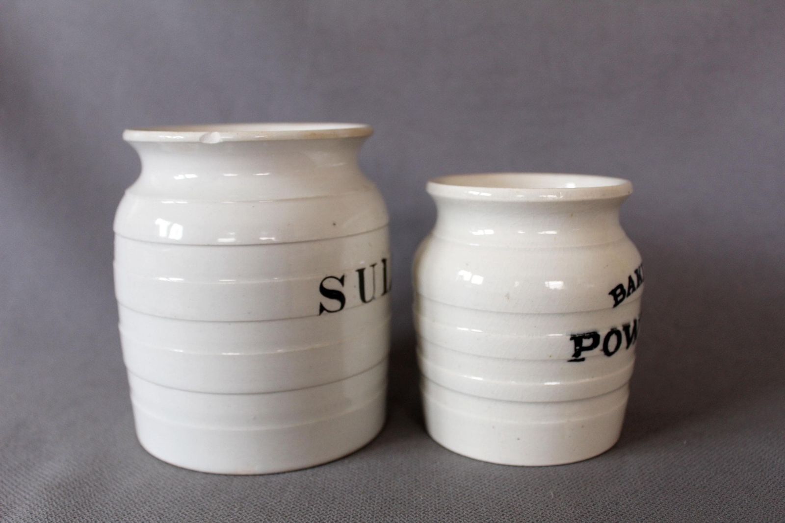 Set Of 2 Antique England Edwardian Banded White Ironstone Ceramic Storage Jars, Baking Powder, Sultanas George Jones And Sons Staffordshire photo vintage