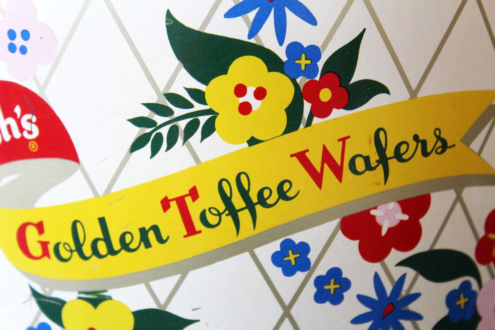 Vintage Jaren 1960 Mcm Grote Mackintosh Golden Toffee Wafers Ronde Blikken Doos, 5 Lb, Retro Mid Century Flower Power, Felgeel, Engeland photo vinterior