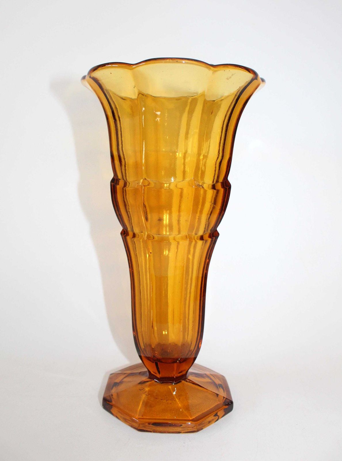 Tall Vintage Art Deco Amber Glass Vase, Pressed Glass, Tulip Vase, Trumpet Vase, Scailmont Belgium photo furniture