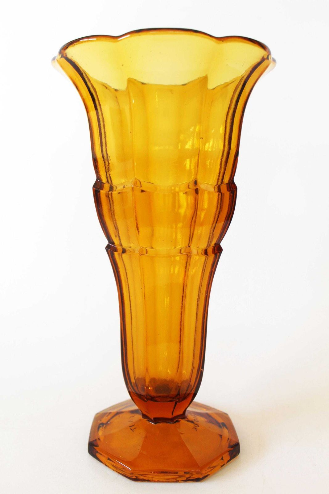 photo vinterior Tall Vintage Art Deco Amber Glass Vase, Pressed Glass, Tulip Vase, Trumpet Vase, Scailmont Belgium