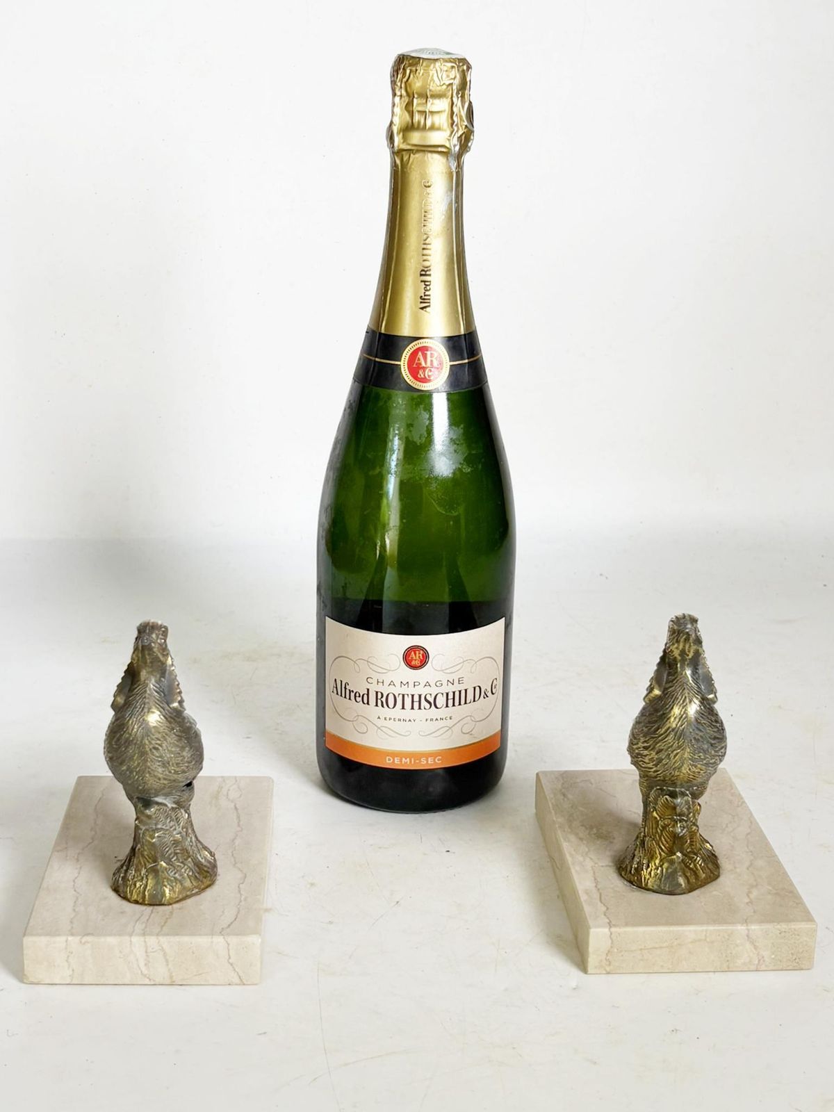 Pair Of Rooster Bookends, Marble, Brass, France, 1950 photo for sale