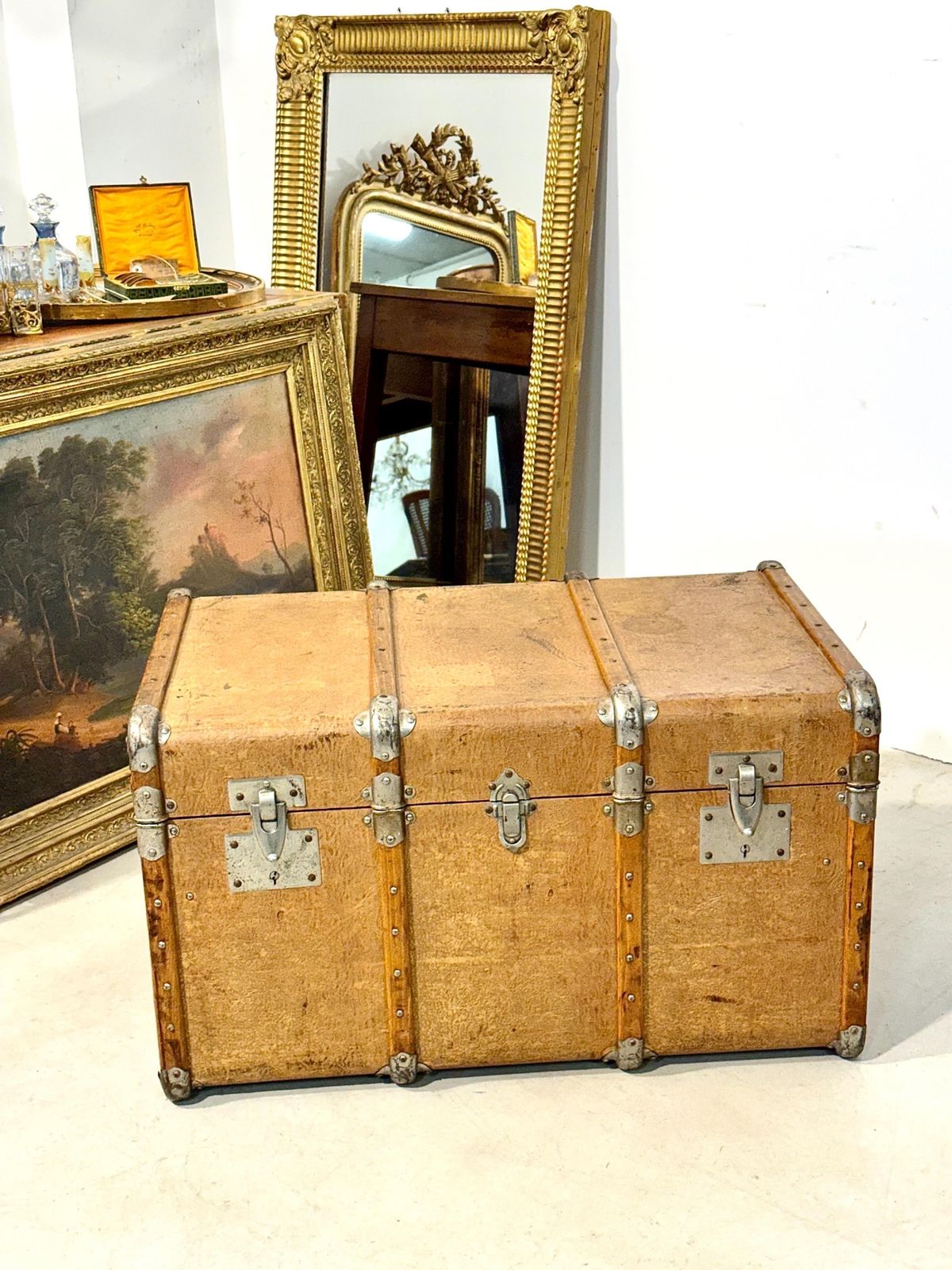 19th Century Wood And Leather Travel Trunk With Velvet Interior photo furniture