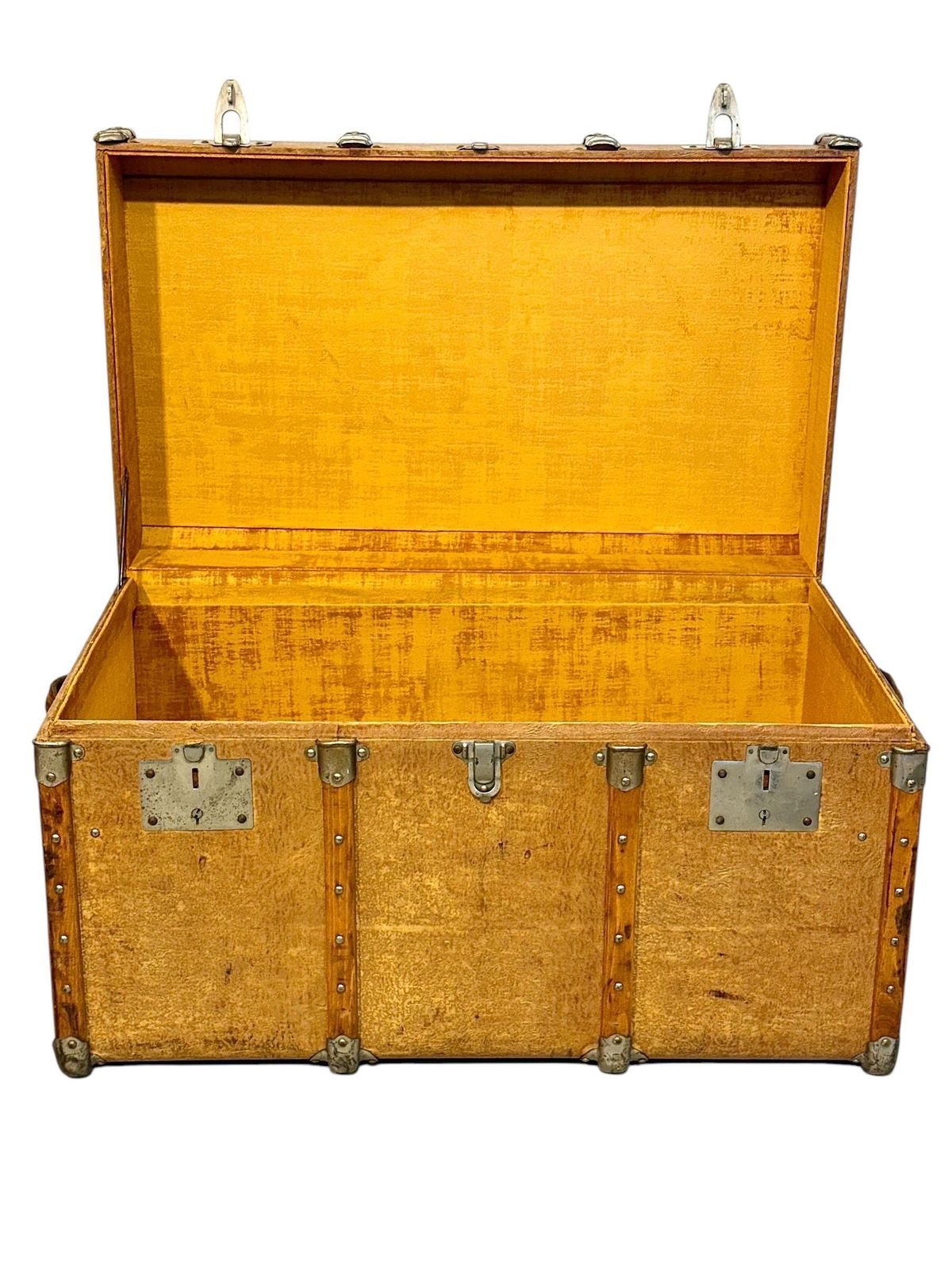 19th Century Wood And Leather Travel Trunk With Velvet Interior photo for sale