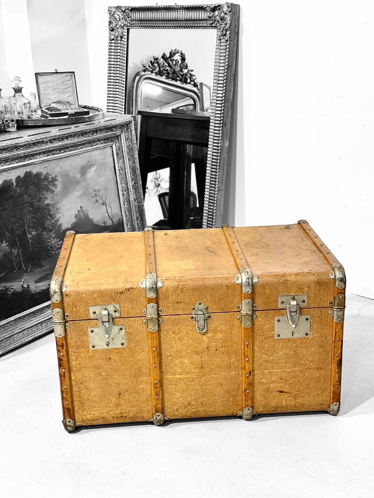 19th Century Wood And Leather Travel Trunk With Velvet Interior photo vinterior