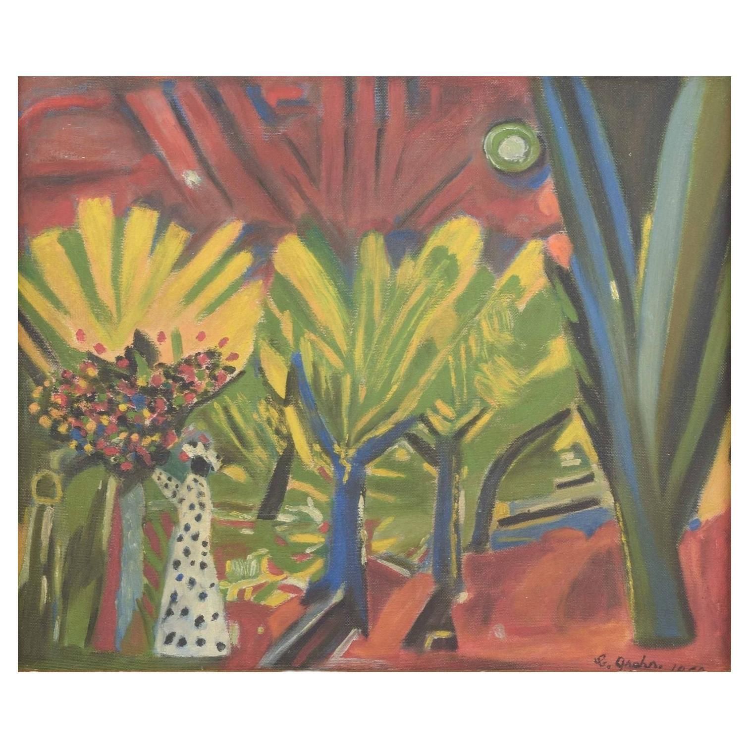 C. Grahn. Abstract Composition With Trees And Figure. Oil On Panel. 1958